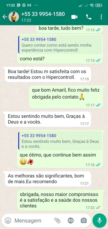 Print WhatsApp: Amaril de Minas Gerais relata que as melhoras são significantes e recomenda o Hipercontroll