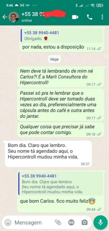 Print WhatsApp: Carlos de Minas Gerais relata que o Hipercontroll mudou sua vida