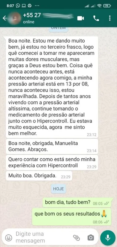 Print WhatsApp: Manuelita do Espírito Santo relata que pressão arterial está em 13 por 08 pela primeira vez