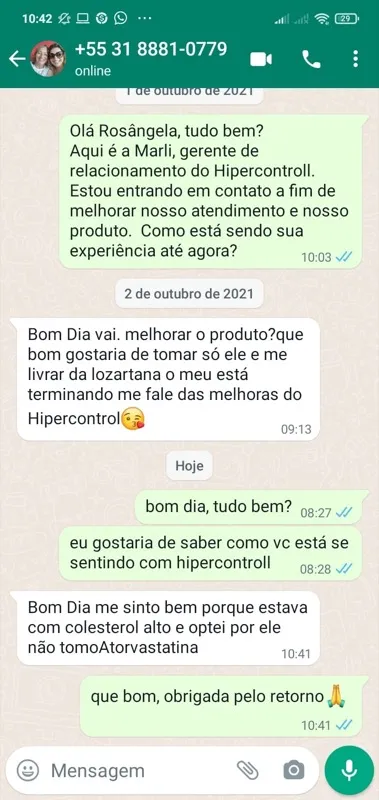 Print WhatsApp: Rosângela de Minas Gerais relata que optou pelo Hipercontroll e não toma mais Atorvastatina